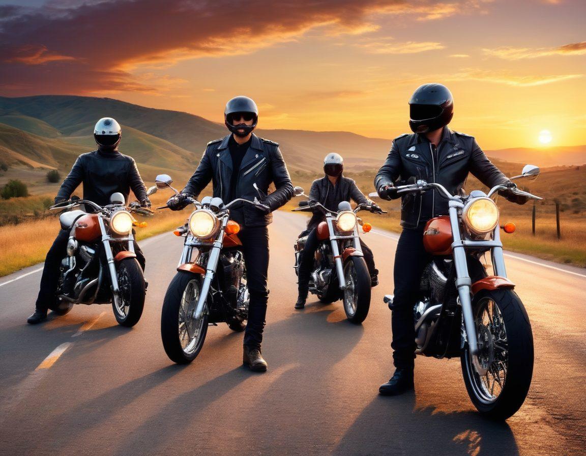 A vibrant scene showcasing a diverse group of bikers in leather jackets, standing proudly next to their motorcycles under a sunset sky. Include various styles of motorcycles, ranging from vintage to modern sport bikes, enhancing the biker culture aspect. The background features a winding road and rolling hills, symbolizing freedom and adventure. Add elements like a biker patch, helmets, and open road signage to accentuate the theme. realistic illustration. vibrant colors. montage style.