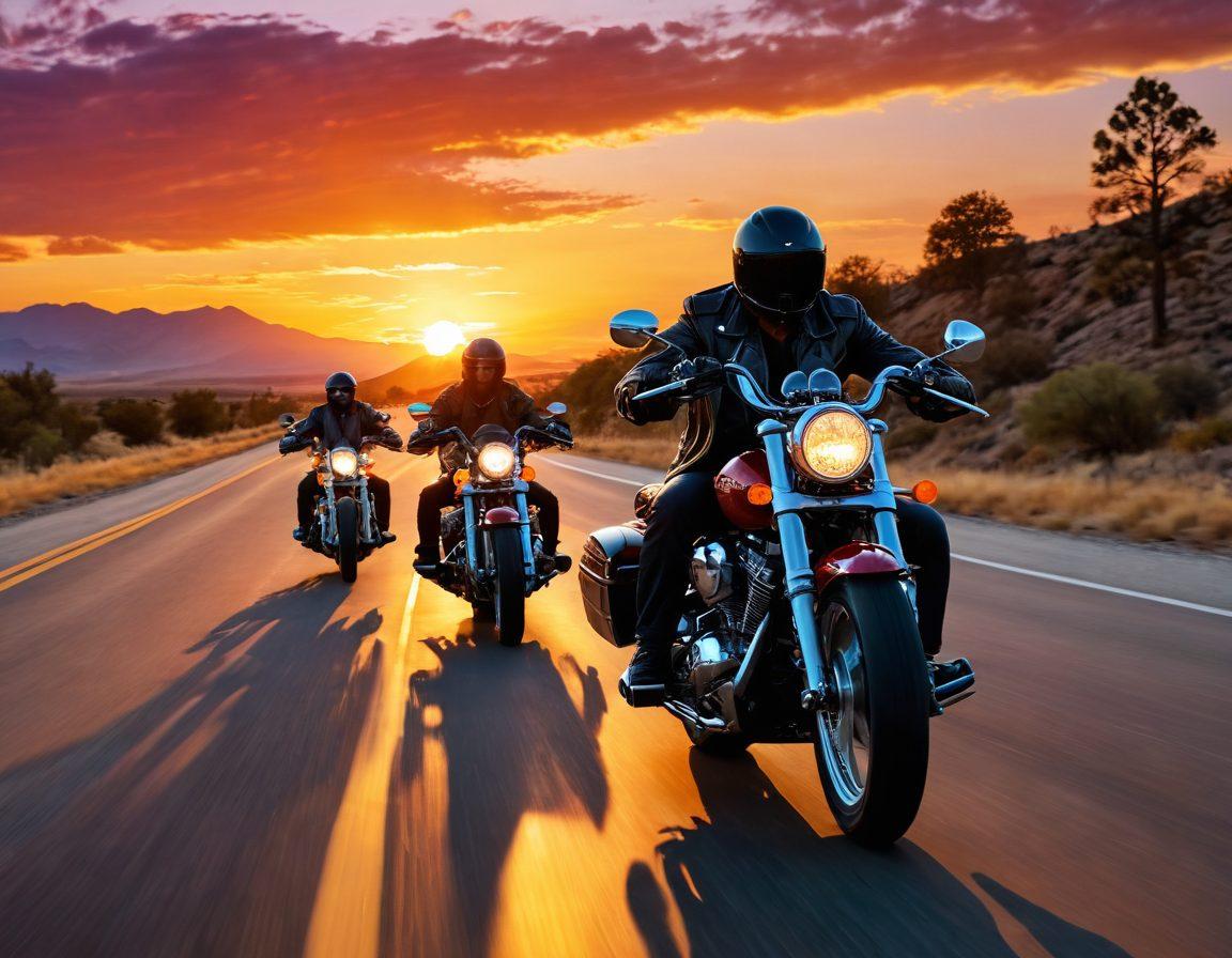 A powerful motorcycle cruising down a scenic highway with a vibrant sunset in the background, surrounded by a diverse group of riders sharing laughter and camaraderie. Include symbolic elements like leather jackets and patches showcasing unity and freedom. The atmosphere should exude a sense of adventure, brotherhood, and the spirit of the open road. super-realistic. vibrant colors. dynamic composition.