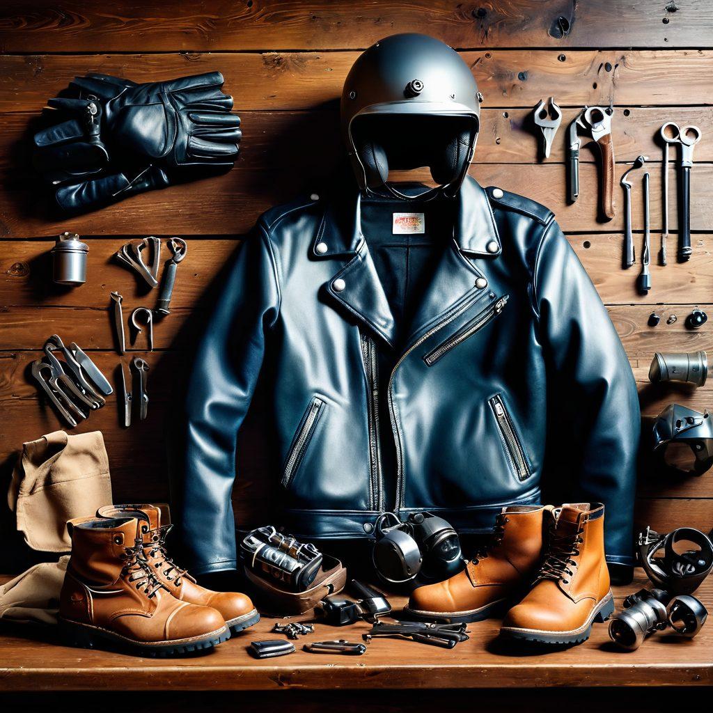 A dynamic scene depicting various motorcycle accessories and apparel laid out on a vintage wooden table. Include a stylish helmet, leather gloves, a rugged jacket, and a pair of sturdy boots, all surrounded by tools and parts like wrenches and engine components. In the background, a classic motorcycle gleams under warm sunlight, inviting a sense of adventure. Capture the essence of freedom and the open road. super-realistic. vibrant colors. warm lighting.